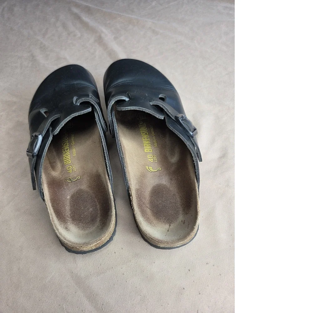 Men's Birkenstock Boston Black Leather Clog Sandals EU 40 Cork